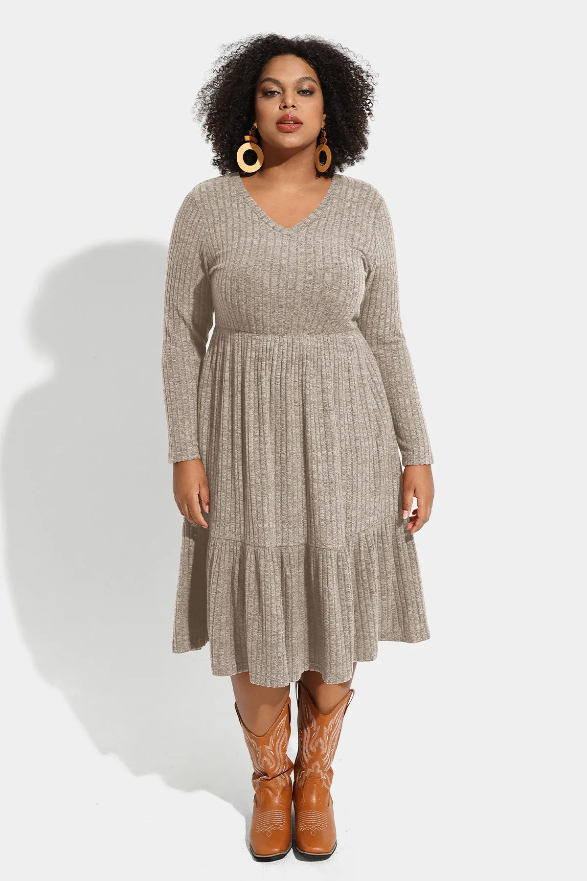 Pocket Solid Rib Knit Ruffle Hem Pleated Midi Dress