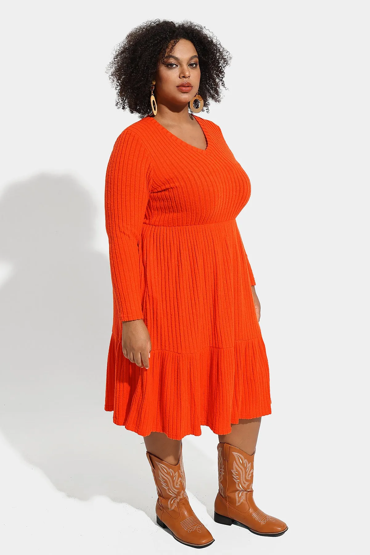 Pocket Solid Rib Knit Ruffle Hem Pleated Midi Dress