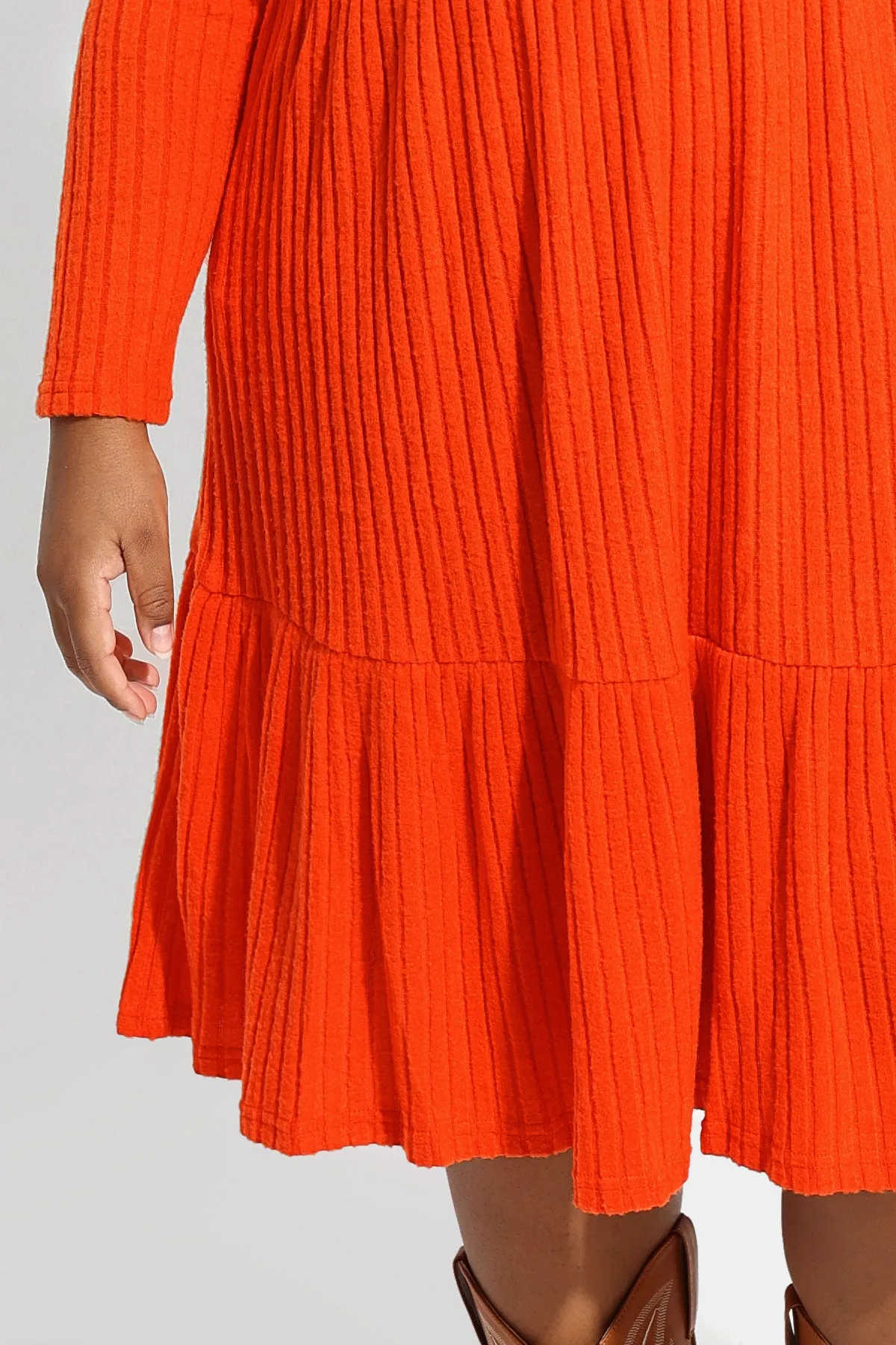 Pocket Solid Rib Knit Ruffle Hem Pleated Midi Dress