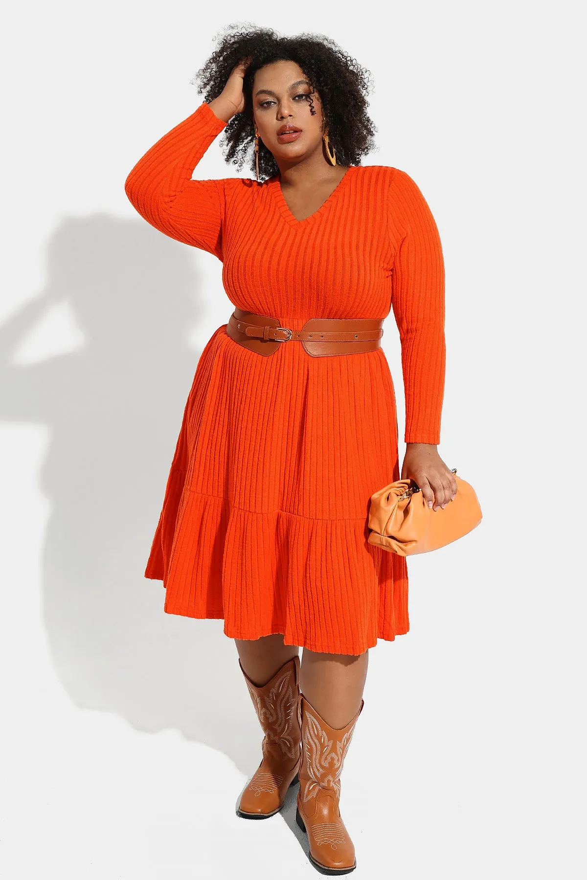 Pocket Solid Rib Knit Ruffle Hem Pleated Midi Dress