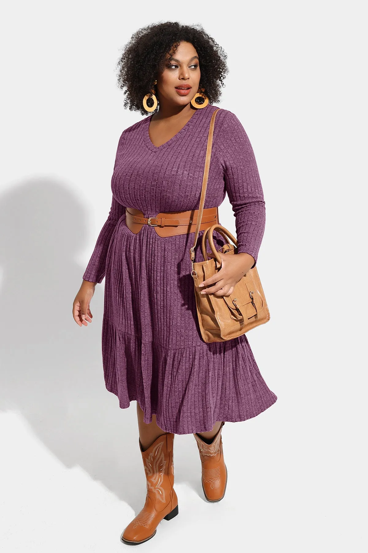 Pocket Solid Rib Knit Ruffle Hem Pleated Midi Dress