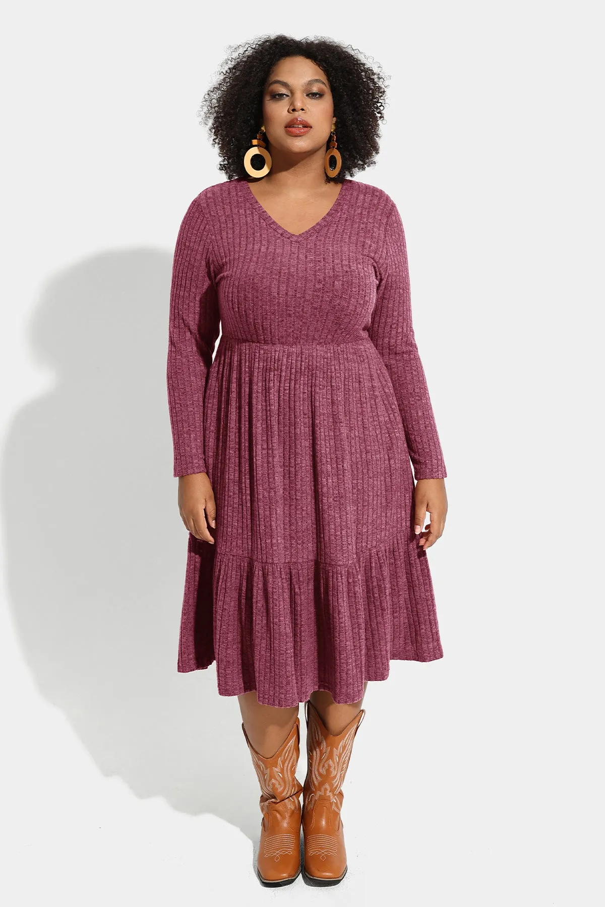 Pocket Solid Rib Knit Ruffle Hem Pleated Midi Dress
