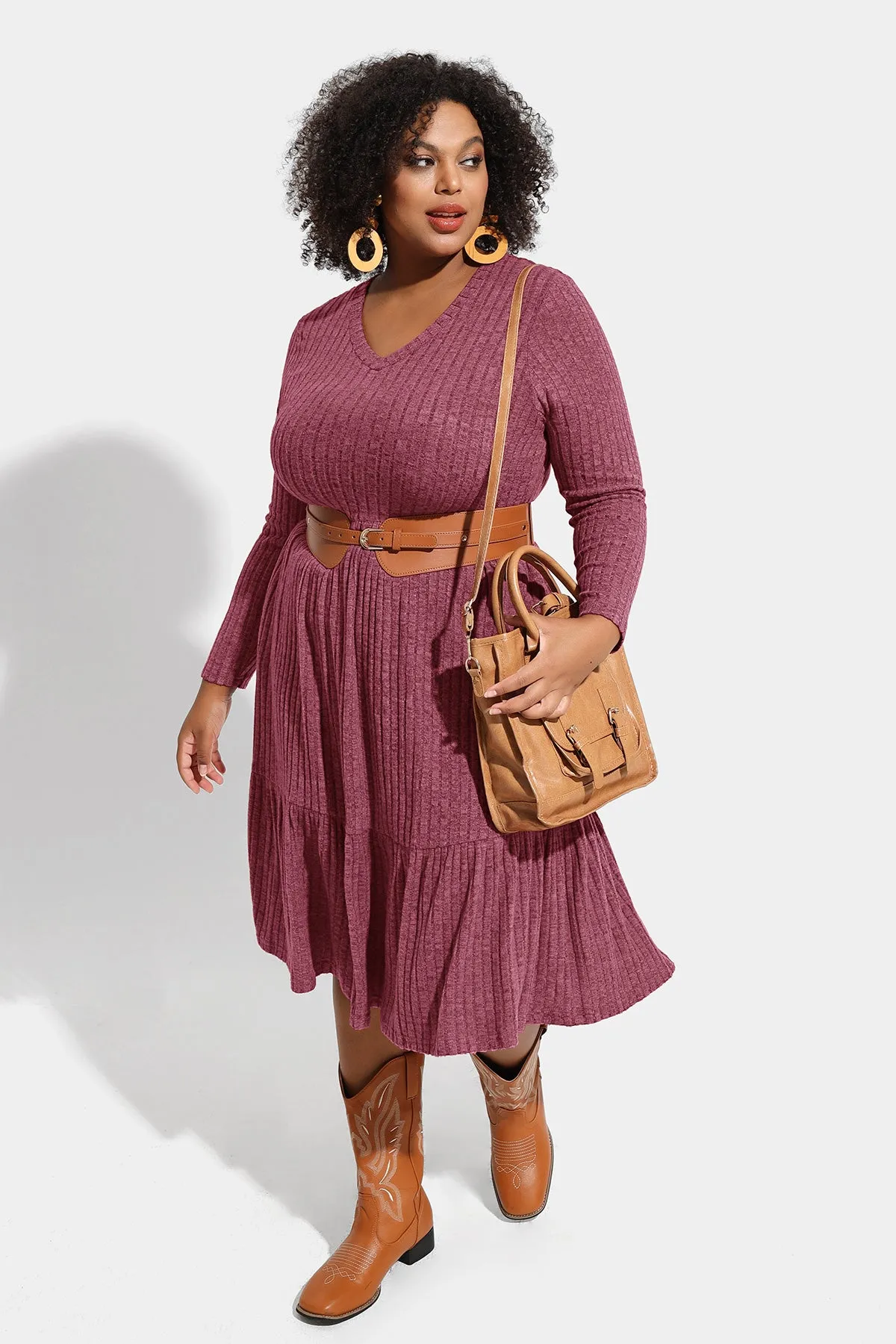 Pocket Solid Rib Knit Ruffle Hem Pleated Midi Dress
