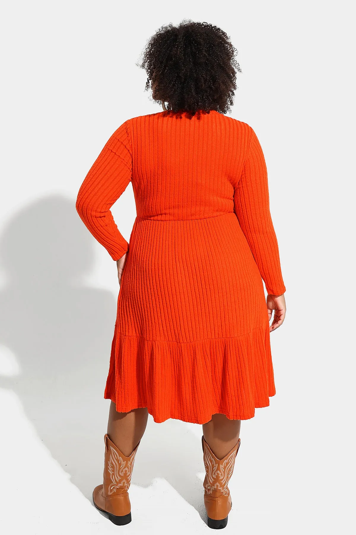 Pocket Solid Rib Knit Ruffle Hem Pleated Midi Dress