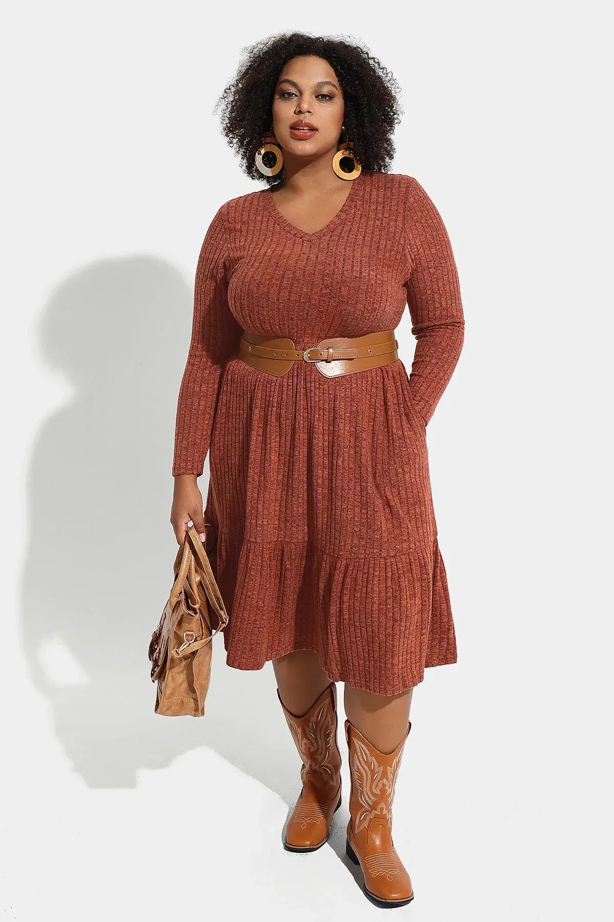 Pocket Solid Rib Knit Ruffle Hem Pleated Midi Dress