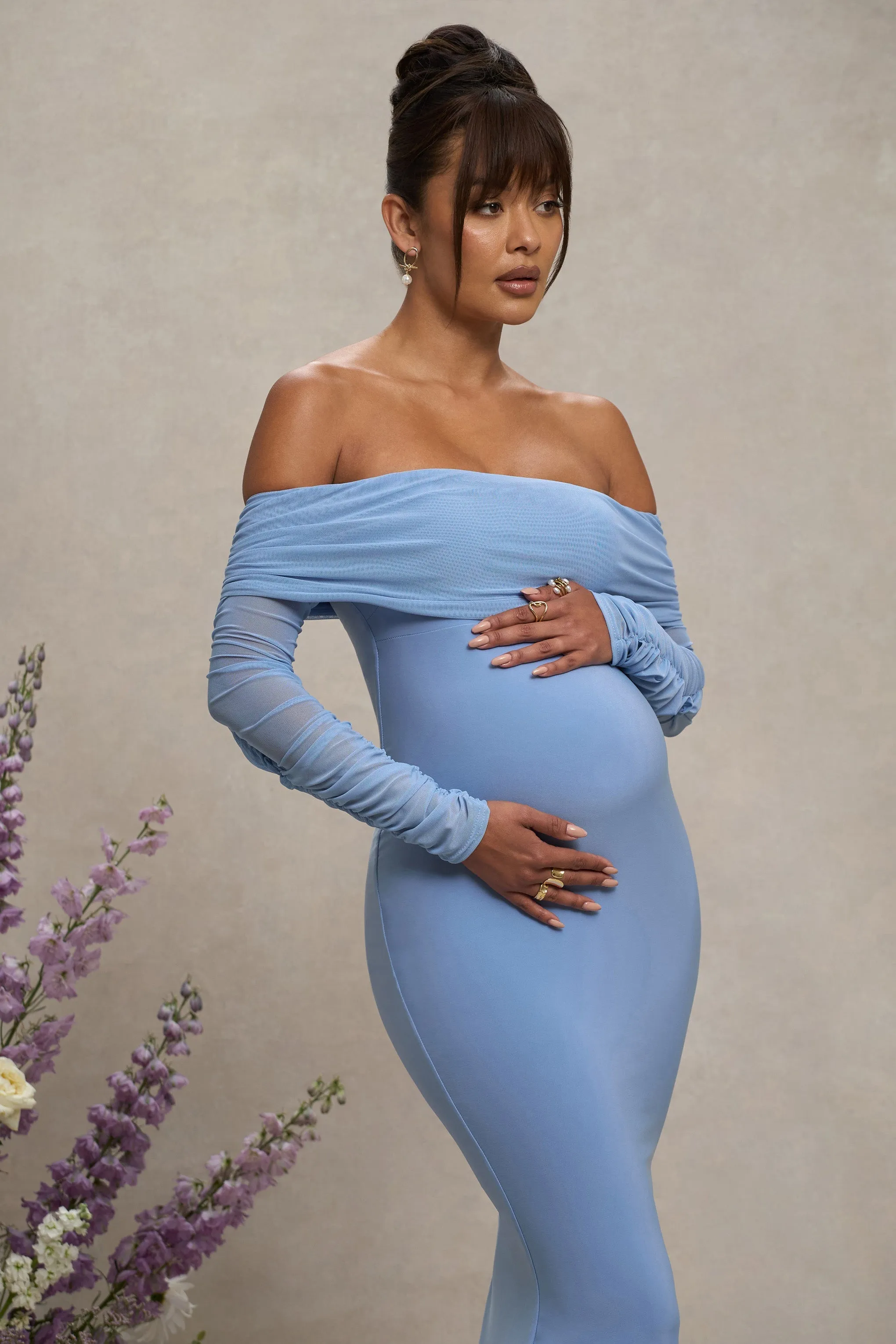 Pretty Perfect | Powder Blue Maternity Halter Asymmetric Maxi Dress