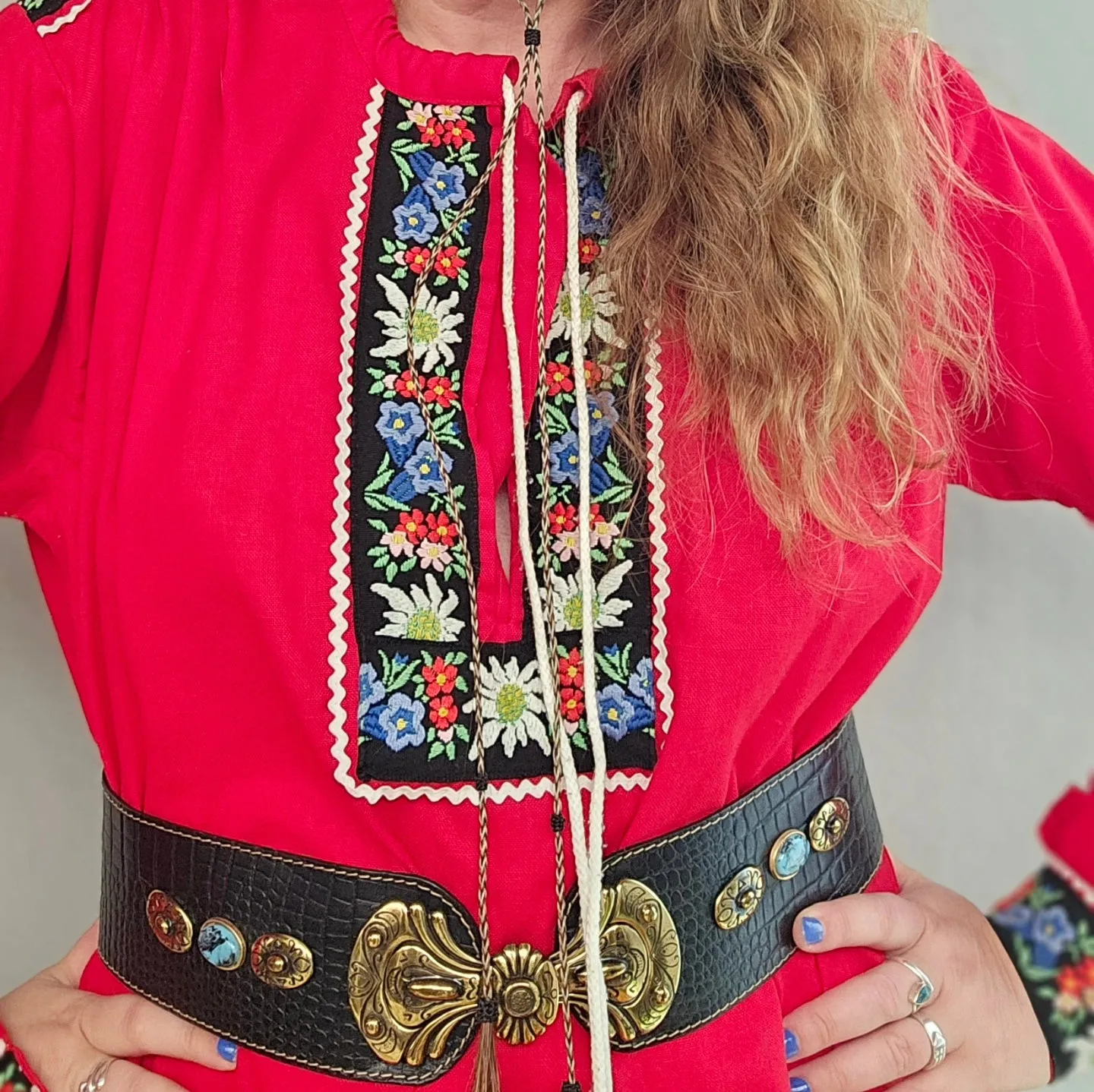 "Swiss Elegance: Red Embroidered Folk Gypsy Blouse" S/M