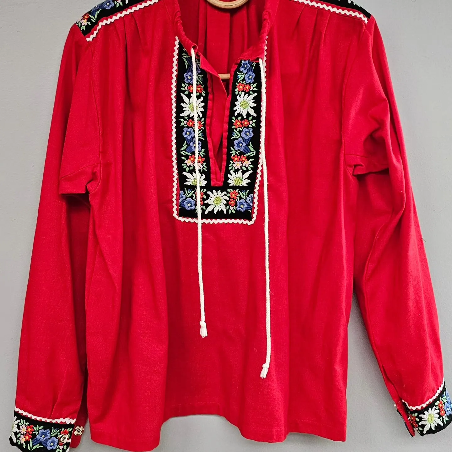 "Swiss Elegance: Red Embroidered Folk Gypsy Blouse" S/M