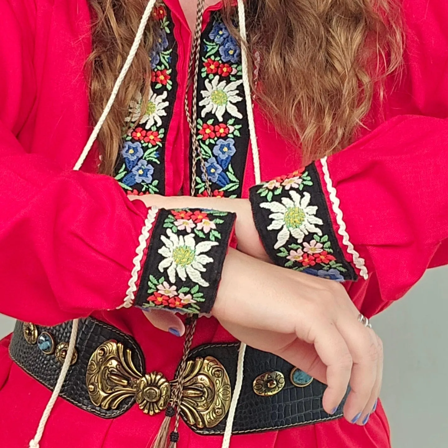 "Swiss Elegance: Red Embroidered Folk Gypsy Blouse" S/M