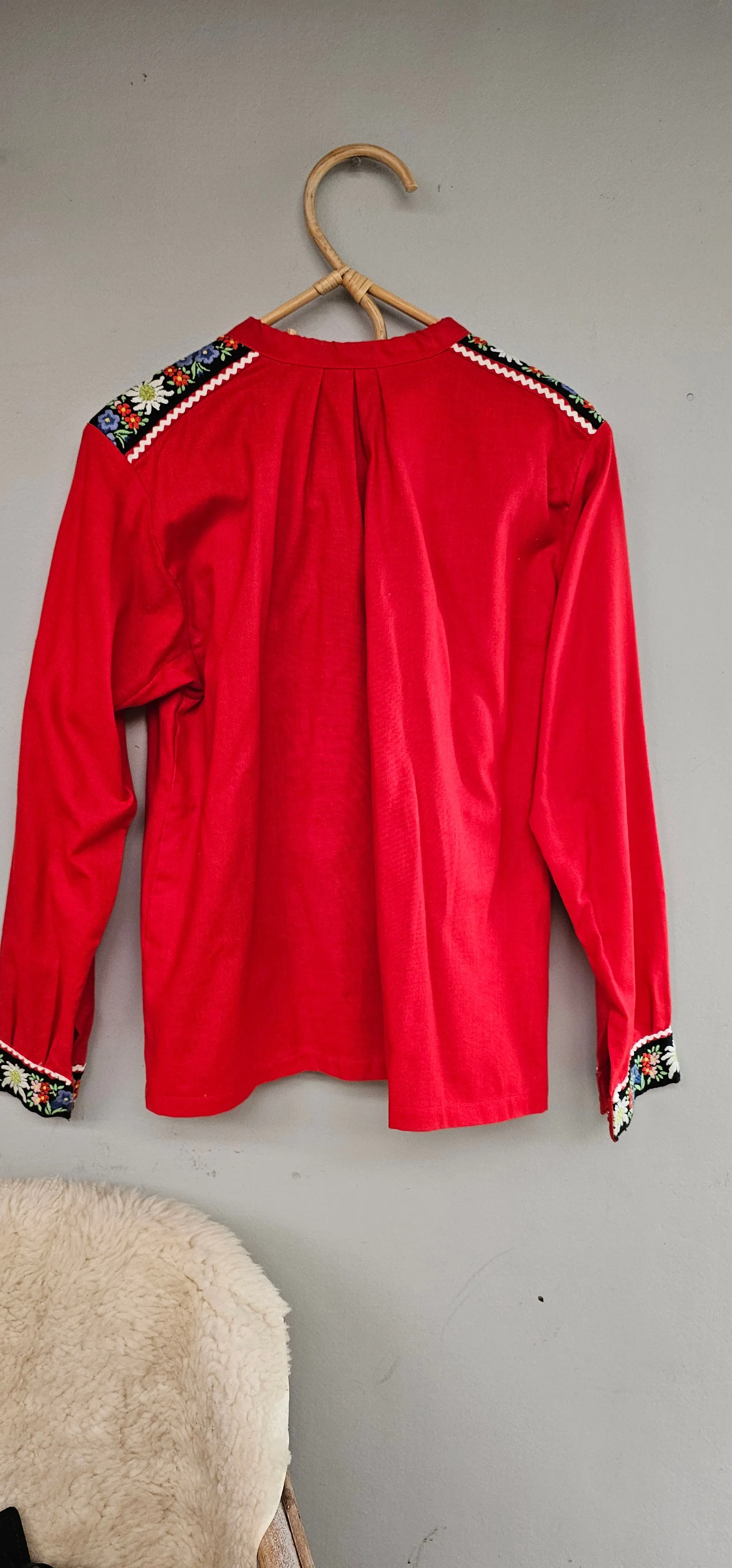 "Swiss Elegance: Red Embroidered Folk Gypsy Blouse" S/M