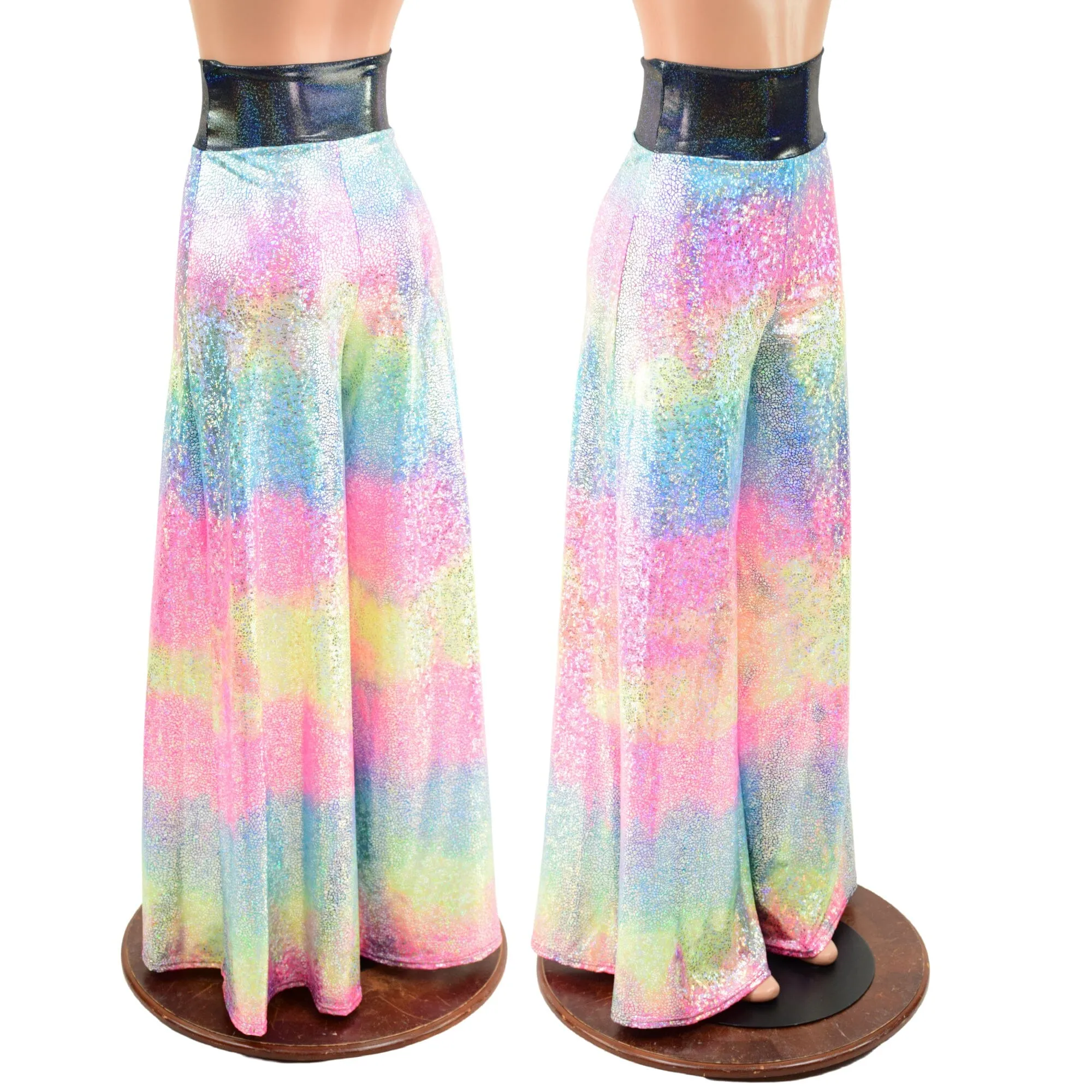 Rainbow Shattered Glass Wide Leg Pants with Black Holo Waistband