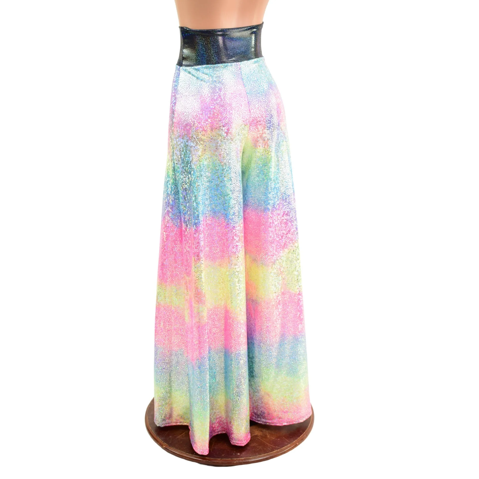 Rainbow Shattered Glass Wide Leg Pants with Black Holo Waistband