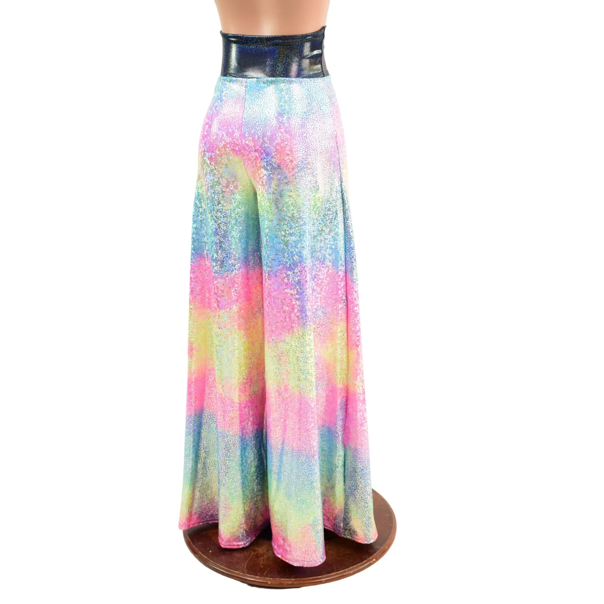 Rainbow Shattered Glass Wide Leg Pants with Black Holo Waistband
