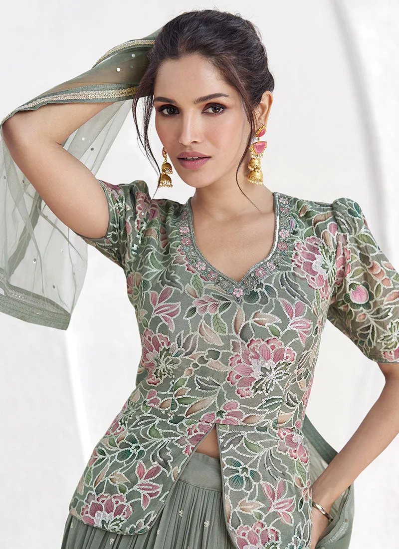 Sage Green Sequence Embroidery Designer Lehenga Kurti