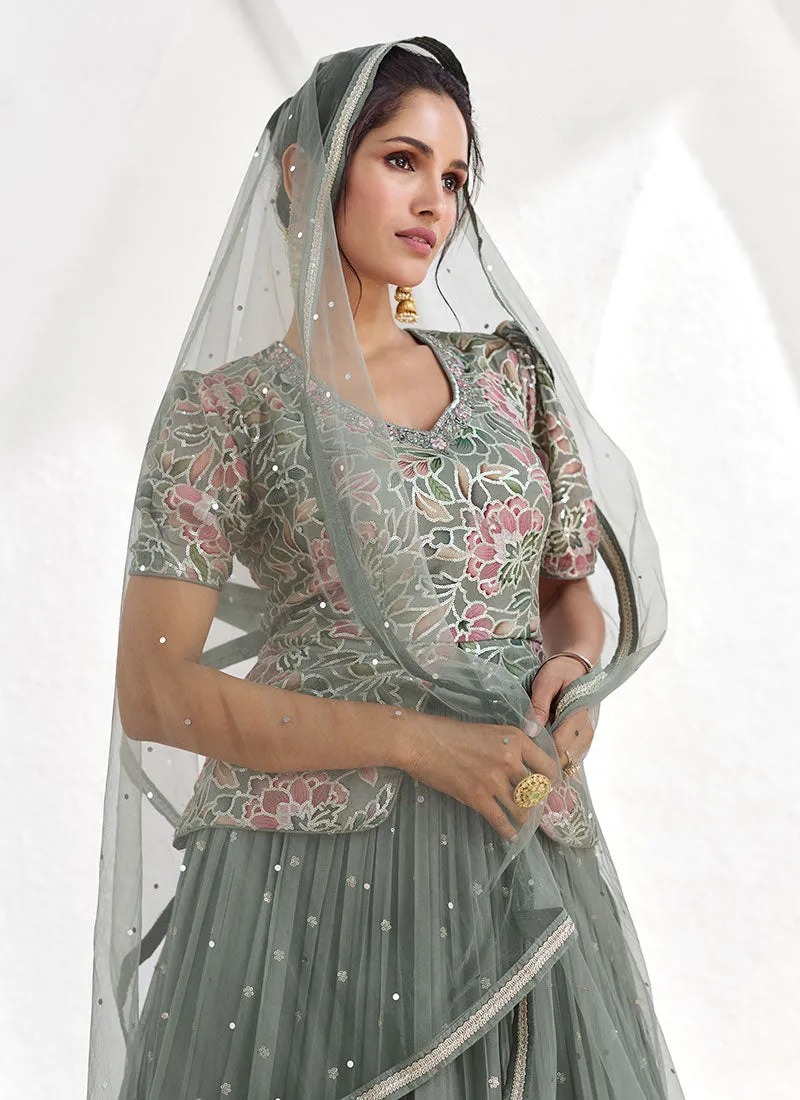 Sage Green Sequence Embroidery Designer Lehenga Kurti