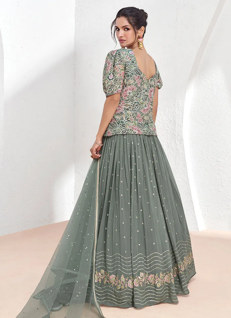 Sage Green Sequence Embroidery Designer Lehenga Kurti