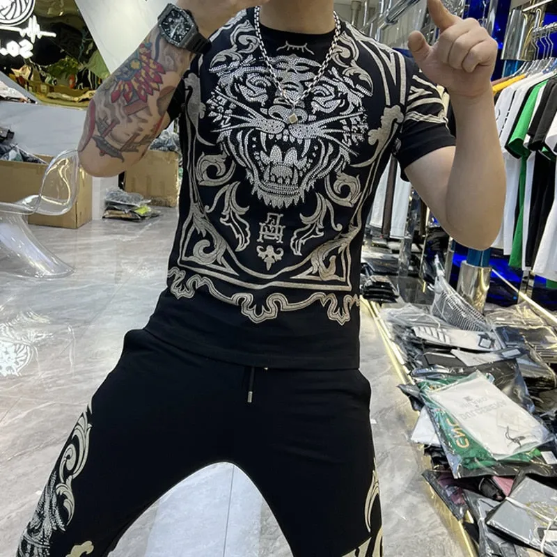 Trend Tiger Head Rhinestone Pants Set