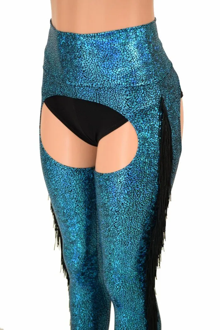 Turquoise Holographic Fringe Chaps