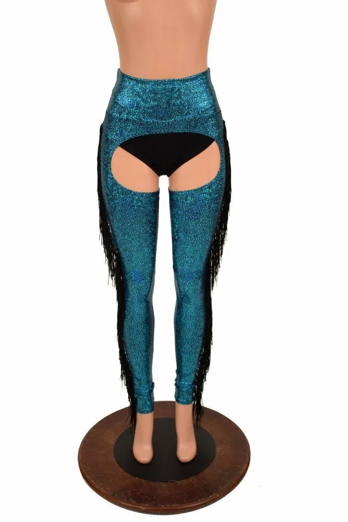 Turquoise Holographic Fringe Chaps