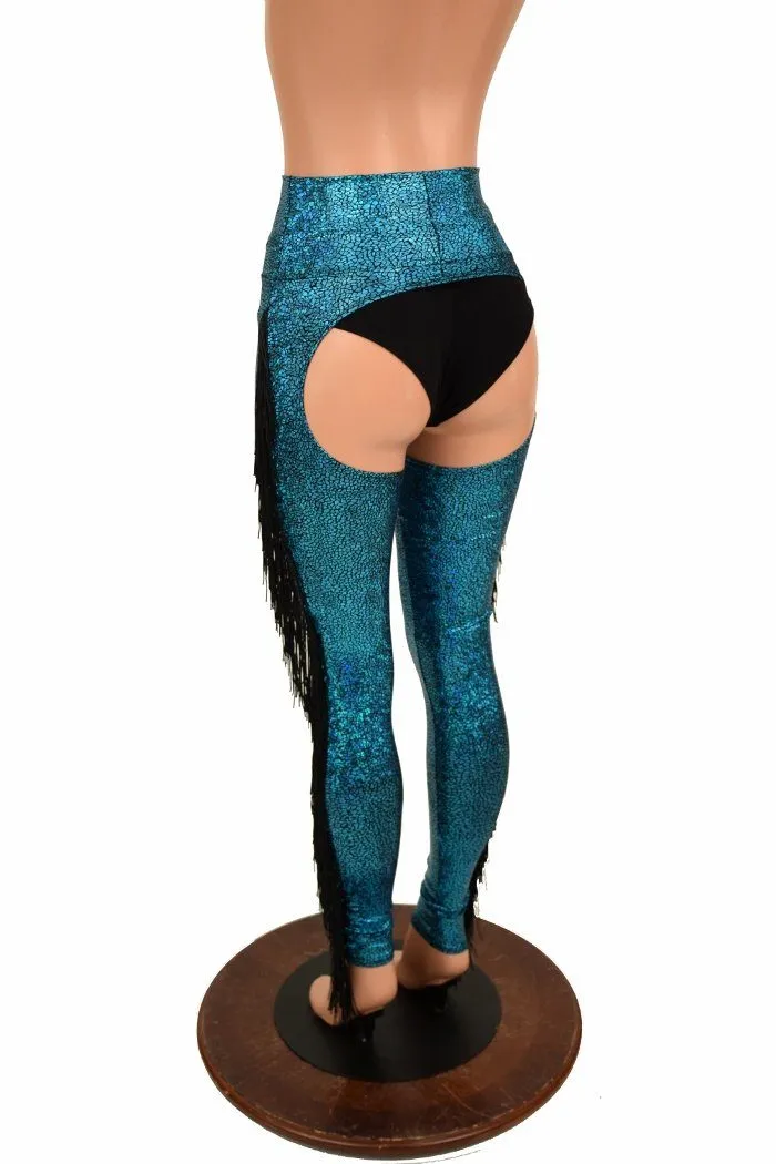 Turquoise Holographic Fringe Chaps