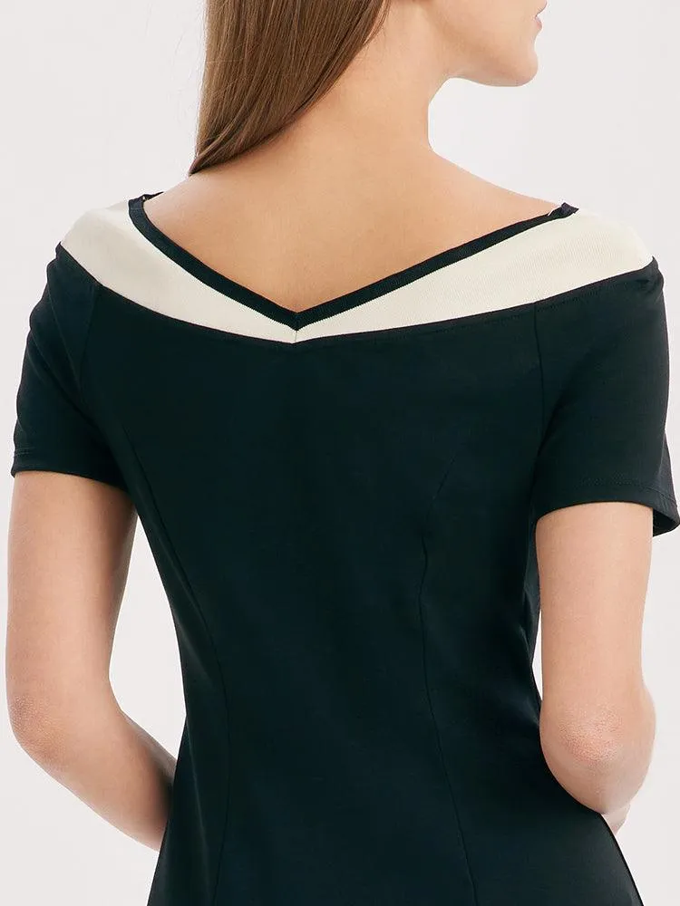 V-Neck Slim Patchwork Mini Dress