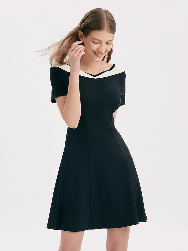 V-Neck Slim Patchwork Mini Dress