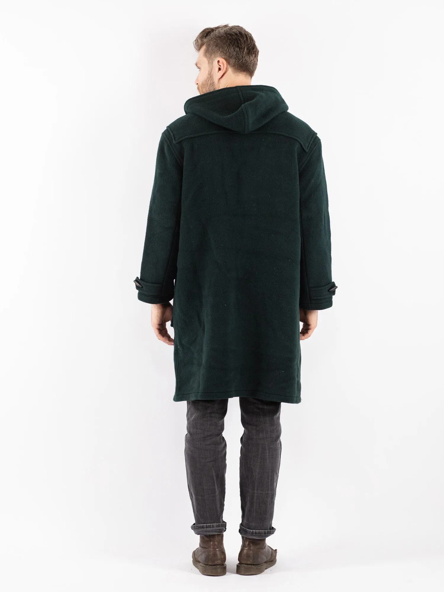 Vintage 80's Men Hooded Wool Duffle Coat in Green
