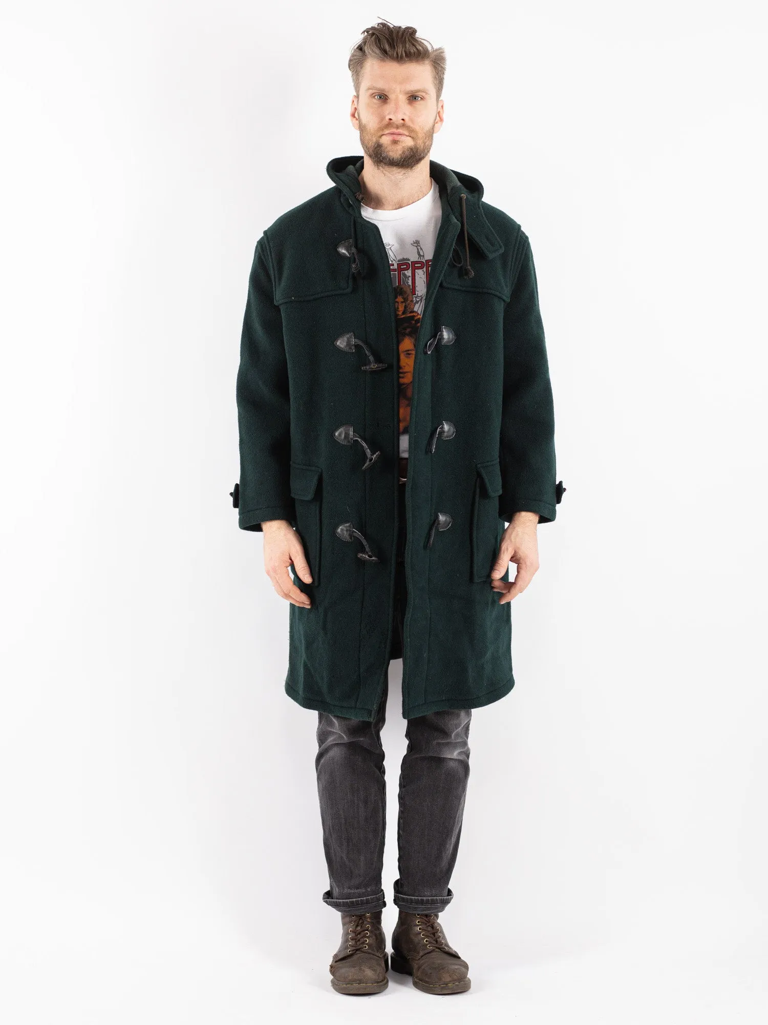 Vintage 80's Men Hooded Wool Duffle Coat in Green