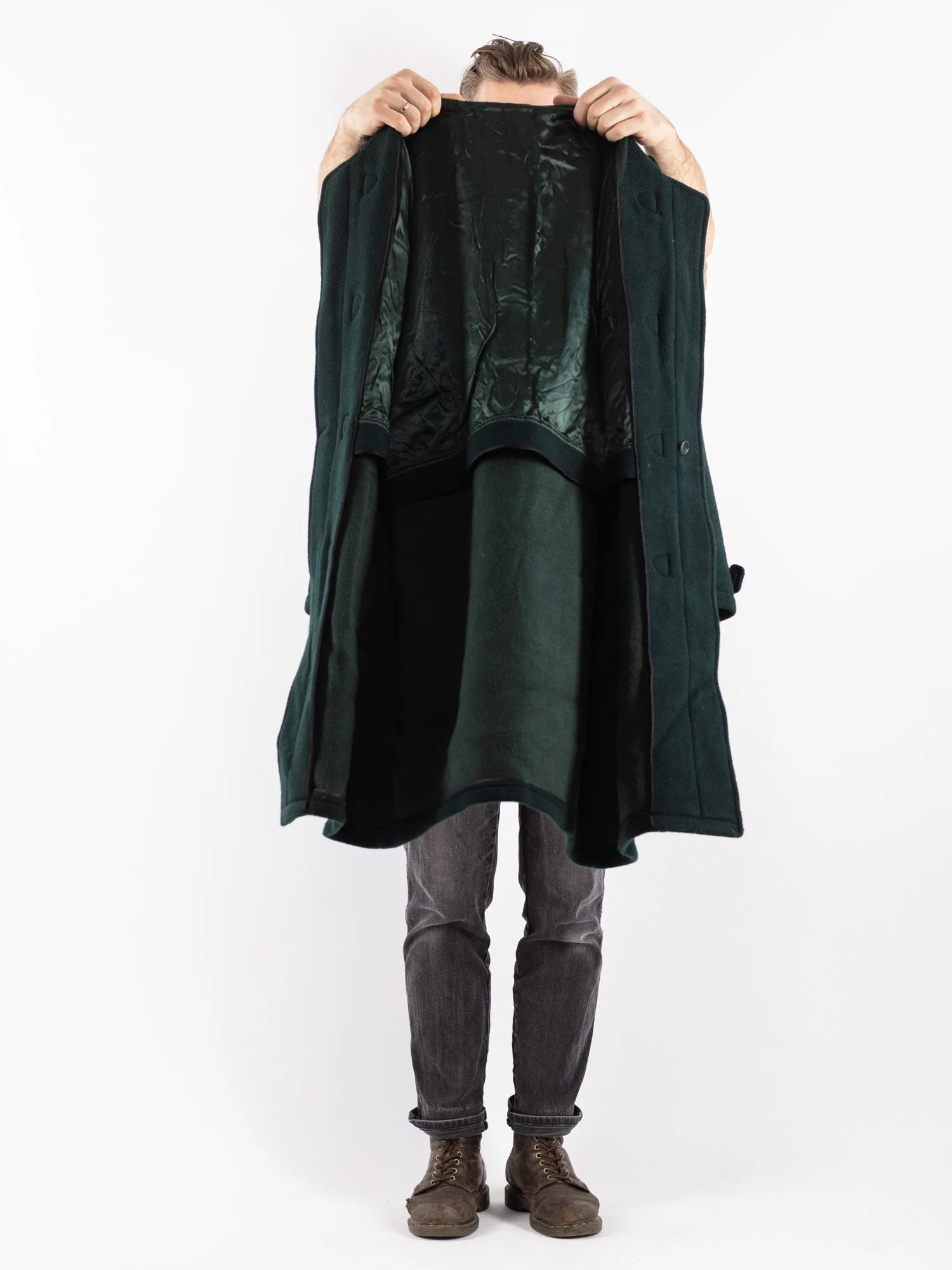 Vintage 80's Men Hooded Wool Duffle Coat in Green