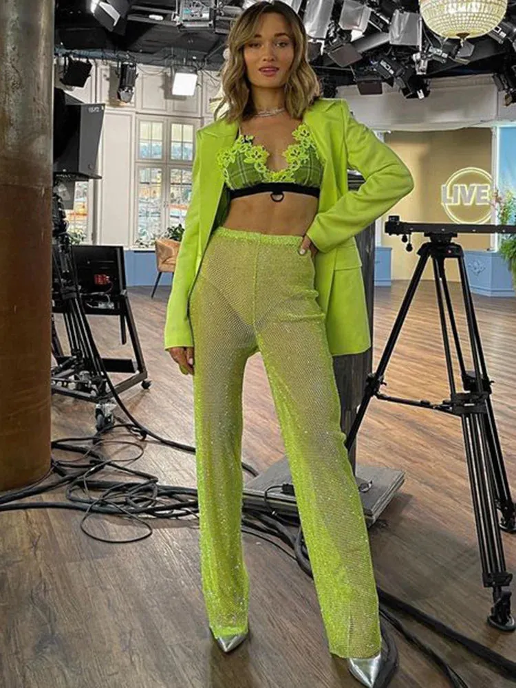 Wenkouban-Black Friday Christmas Party Outfits  Sparkling Crystal Diamond Fishnet Women Pant Black Sexy See Through High Waist Pant Female Loose Hot Girl Party Clubwear