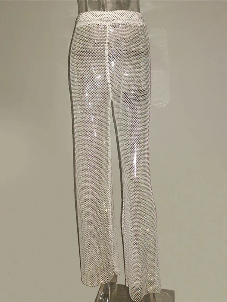 Wenkouban-Black Friday Christmas Party Outfits  Sparkling Crystal Diamond Fishnet Women Pant Black Sexy See Through High Waist Pant Female Loose Hot Girl Party Clubwear