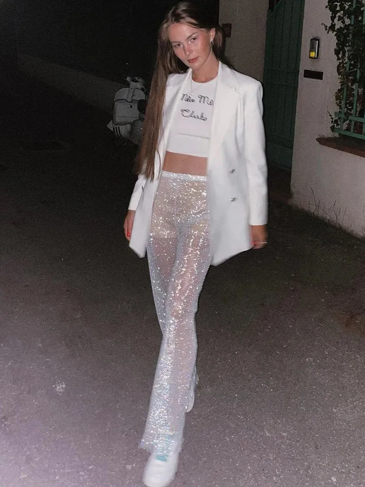 Wenkouban-Black Friday Christmas Party Outfits  Sparkling Crystal Diamond Fishnet Women Pant Black Sexy See Through High Waist Pant Female Loose Hot Girl Party Clubwear