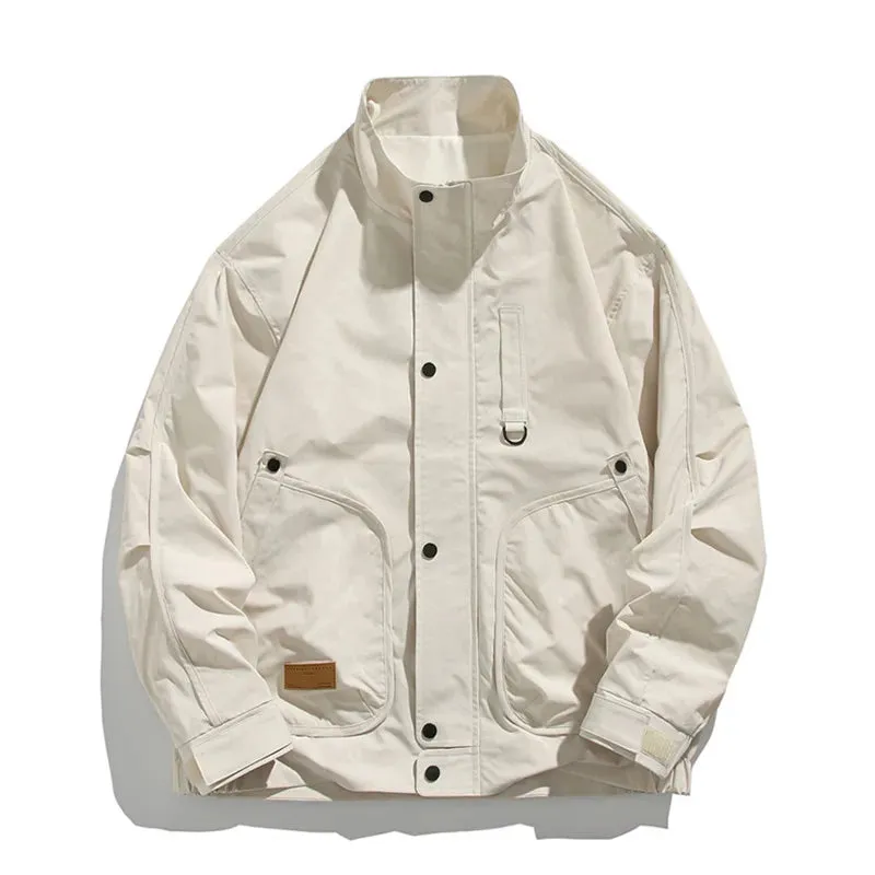 Wiaofellas  -  Korean Styles Men Casual Jacket Multiple Pockets Spring Autumn Minimalist Slim Fitting Standing Collar Work Jacket Male Clothes