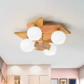 Windmill Kids Wooden Flush Mount Light with Sphere Opal Glass Shade - Nordic 4-Head Fixture