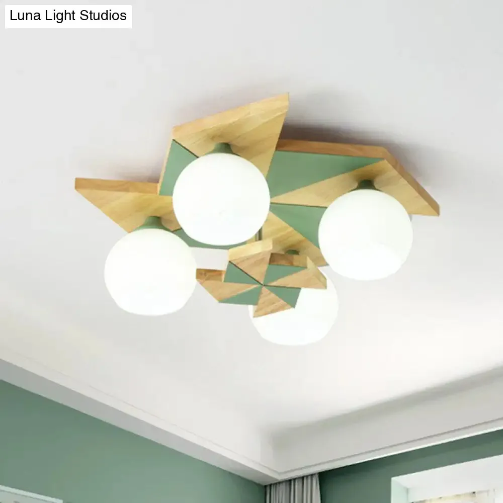 Windmill Kids Wooden Flush Mount Light with Sphere Opal Glass Shade - Nordic 4-Head Fixture