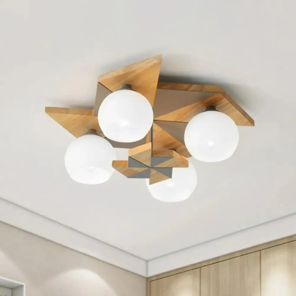 Windmill Kids Wooden Flush Mount Light with Sphere Opal Glass Shade - Nordic 4-Head Fixture