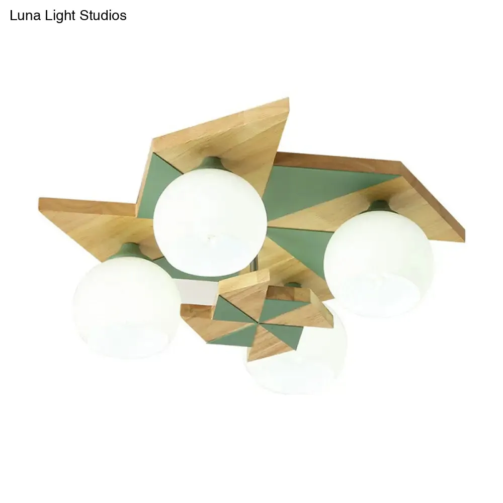 Windmill Kids Wooden Flush Mount Light with Sphere Opal Glass Shade - Nordic 4-Head Fixture