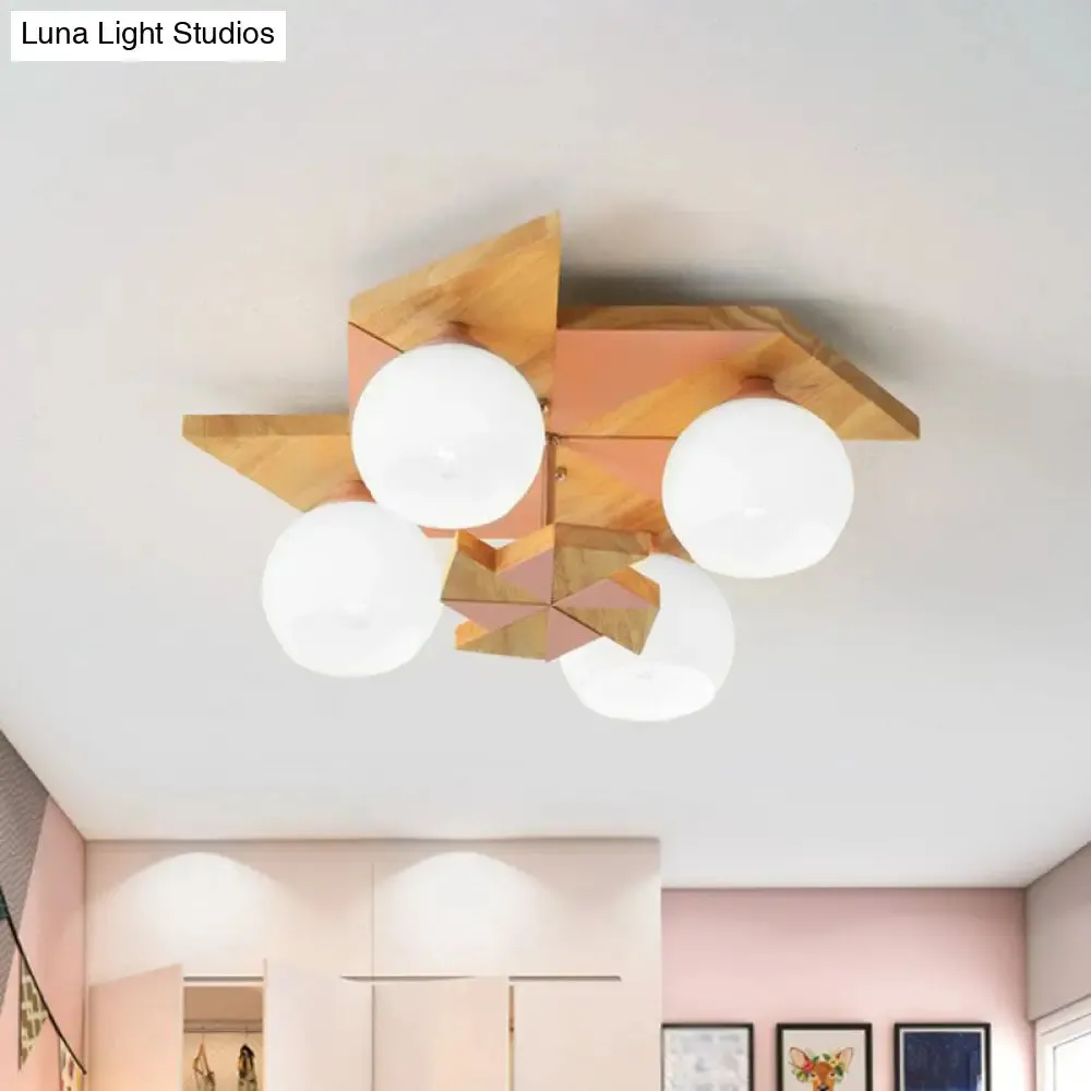 Windmill Kids Wooden Flush Mount Light with Sphere Opal Glass Shade - Nordic 4-Head Fixture
