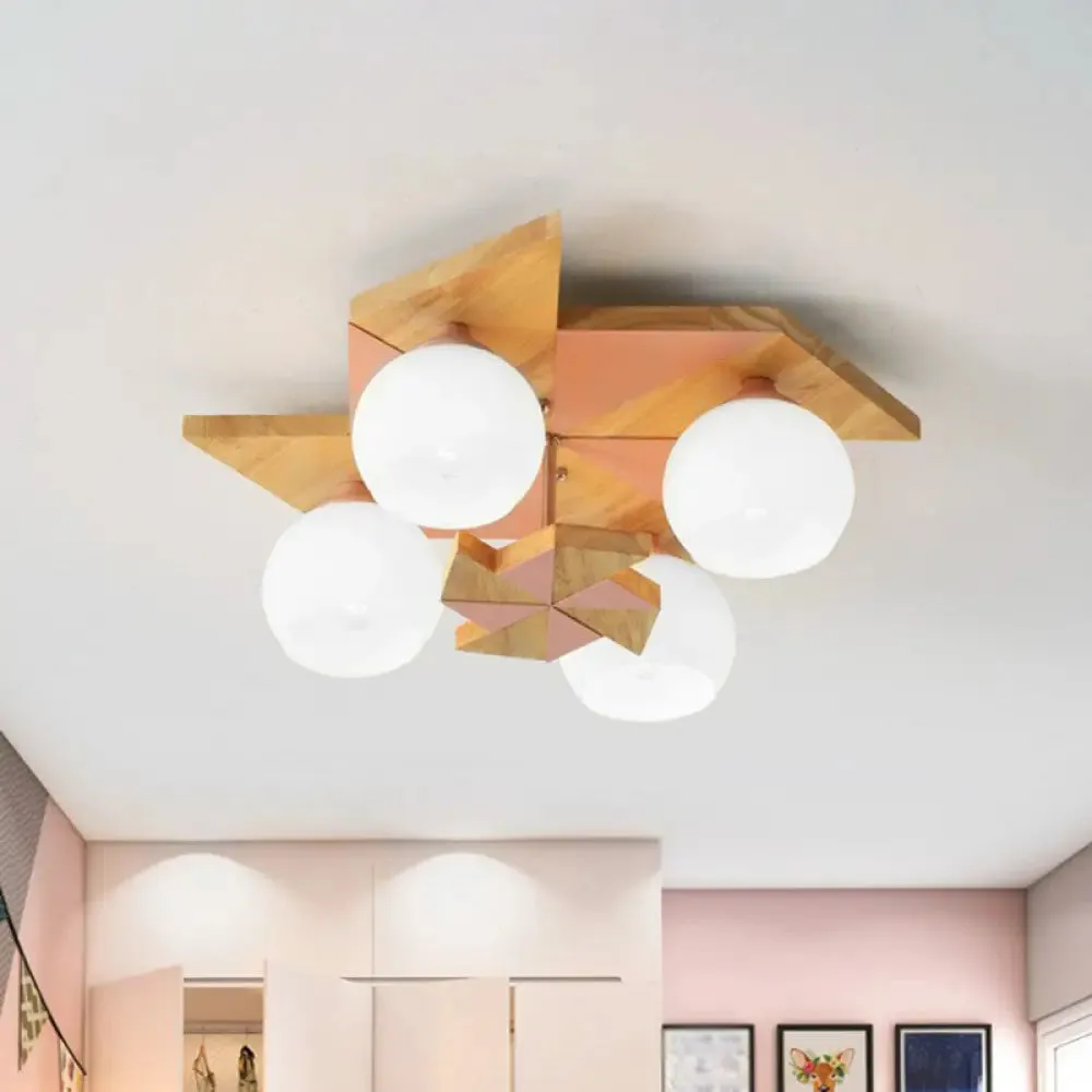 Windmill Kids Wooden Flush Mount Light with Sphere Opal Glass Shade - Nordic 4-Head Fixture