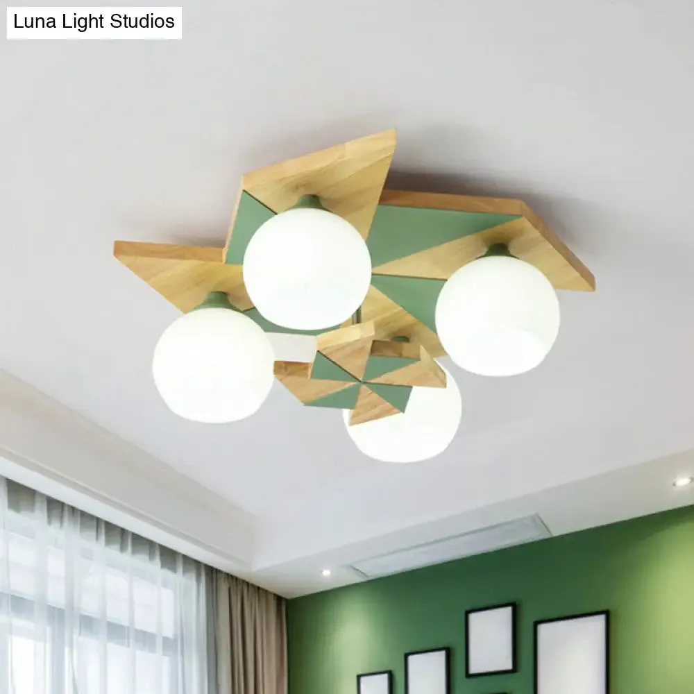 Windmill Kids Wooden Flush Mount Light with Sphere Opal Glass Shade - Nordic 4-Head Fixture