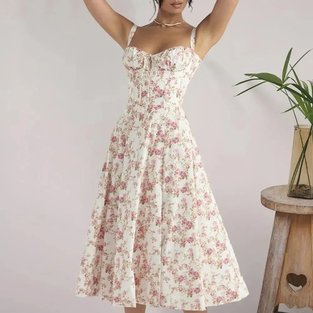 Women Elegant Suspenders Lace-Up Dress Slim Sleeveless Bandeau Floral Print Dress Corset Design Side Split Hem Midi Dress