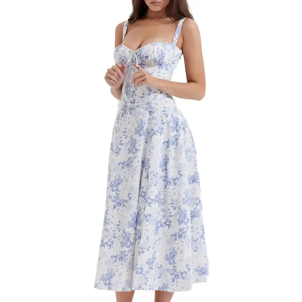 Women Elegant Suspenders Lace-Up Dress Slim Sleeveless Bandeau Floral Print Dress Corset Design Side Split Hem Midi Dress