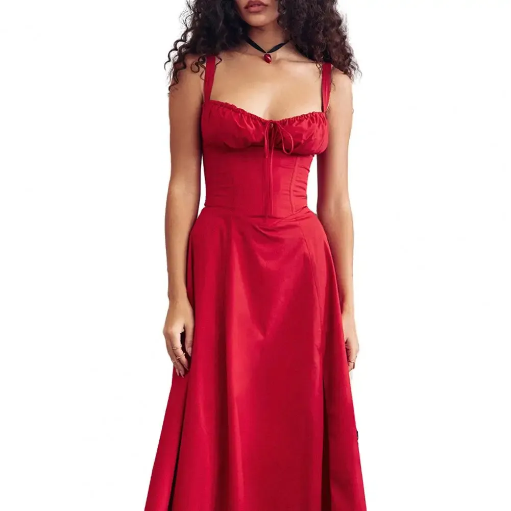 Women Elegant Suspenders Lace-Up Dress Slim Sleeveless Bandeau Floral Print Dress Corset Design Side Split Hem Midi Dress
