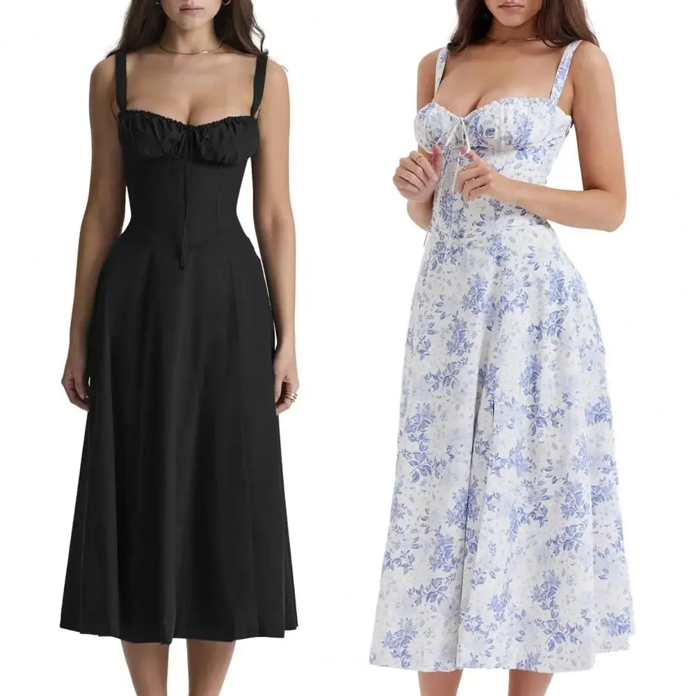 Women Elegant Suspenders Lace-Up Dress Slim Sleeveless Bandeau Floral Print Dress Corset Design Side Split Hem Midi Dress