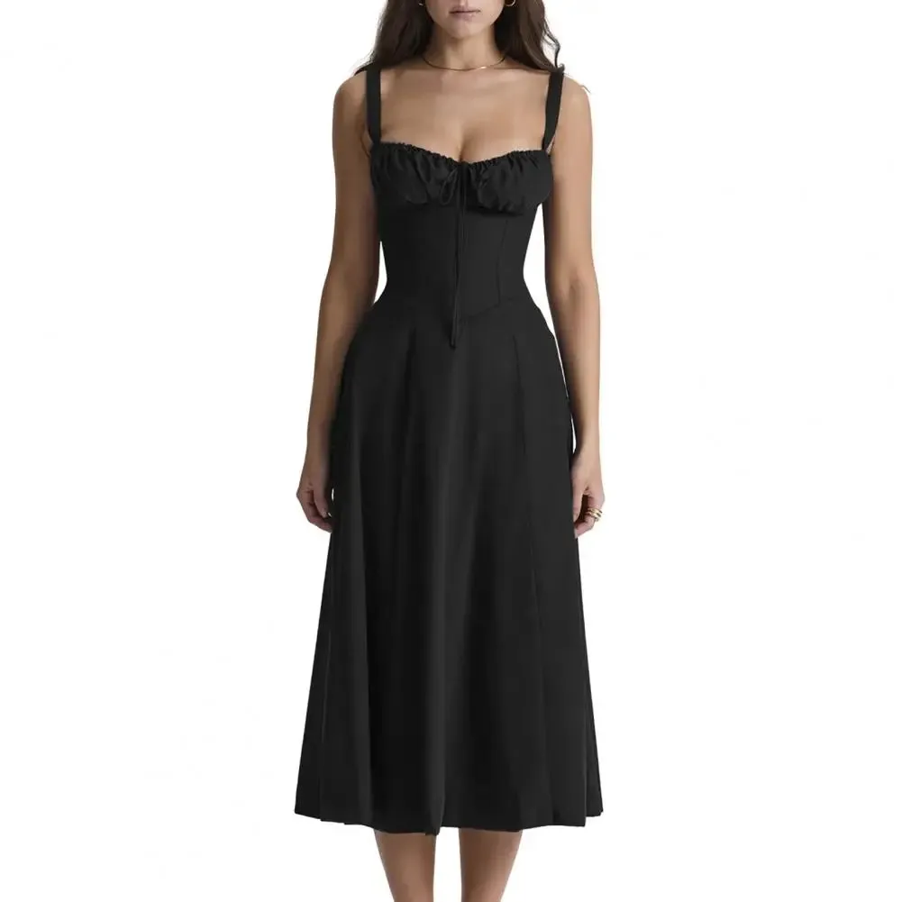 Women Elegant Suspenders Lace-Up Dress Slim Sleeveless Bandeau Floral Print Dress Corset Design Side Split Hem Midi Dress