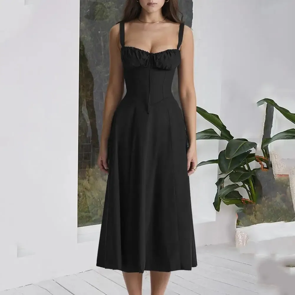 Women Elegant Suspenders Lace-Up Dress Slim Sleeveless Bandeau Floral Print Dress Corset Design Side Split Hem Midi Dress