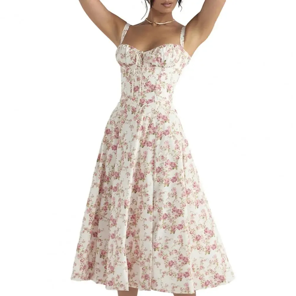 Women Elegant Suspenders Lace-Up Dress Slim Sleeveless Bandeau Floral Print Dress Corset Design Side Split Hem Midi Dress
