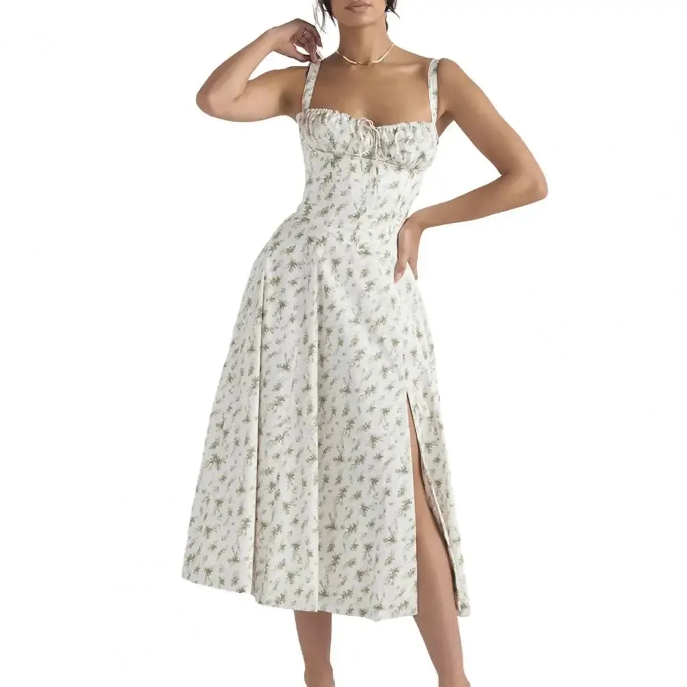 Women Elegant Suspenders Lace-Up Dress Slim Sleeveless Bandeau Floral Print Dress Corset Design Side Split Hem Midi Dress